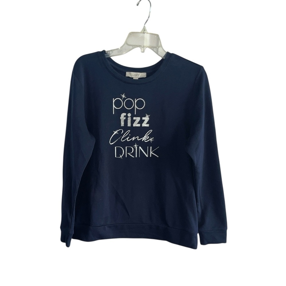 LOFT Pop Fizz Clink Drink Top Navy Blue French Terry Top Size Medium - Picture 2 of 8